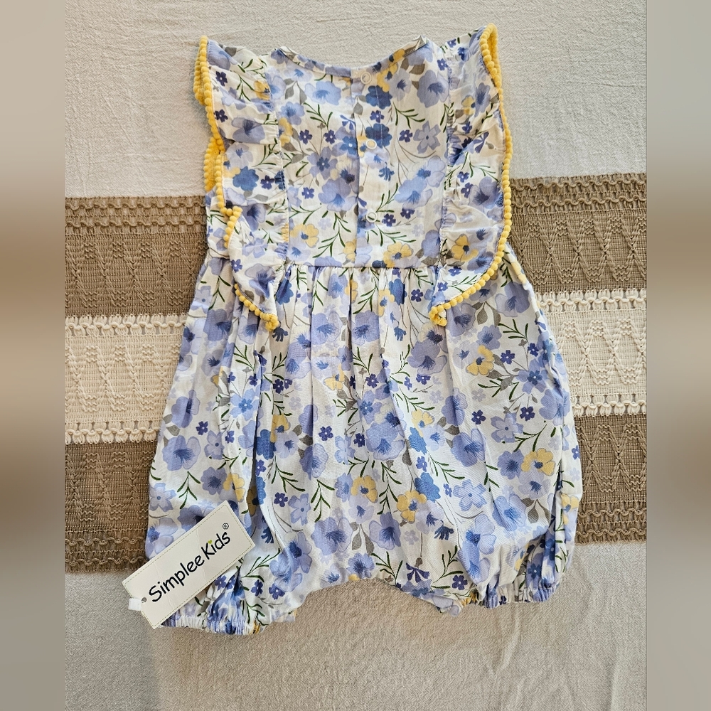 Simplee Kids Floral Blue and Yellow Kids Romper Sz 9-12M - Picture 3 of 3